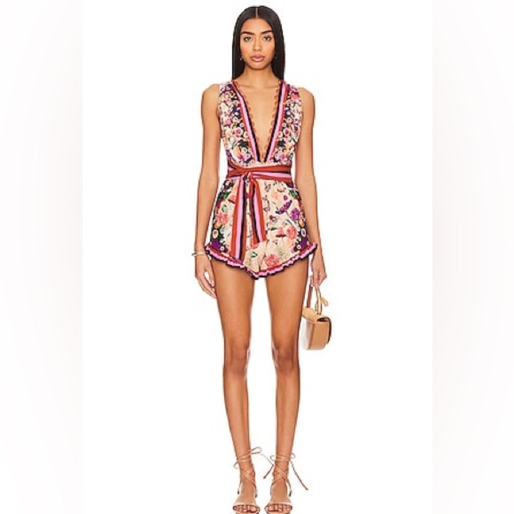 Aqua Bendita Floral Deep V-Neck Romper in Multicolor